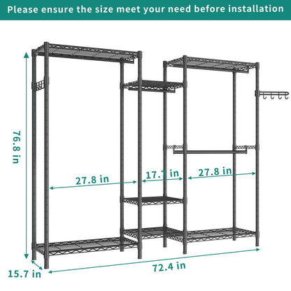 Exglobol Heavy Duty Garment Rack, Portable Wardrobe Clothes Rack Freestanding Adjustable Clothing Rack with 7 Tiers Adjustable Wire Shelving and 4 Hanger Rods, Max Load 920LBS