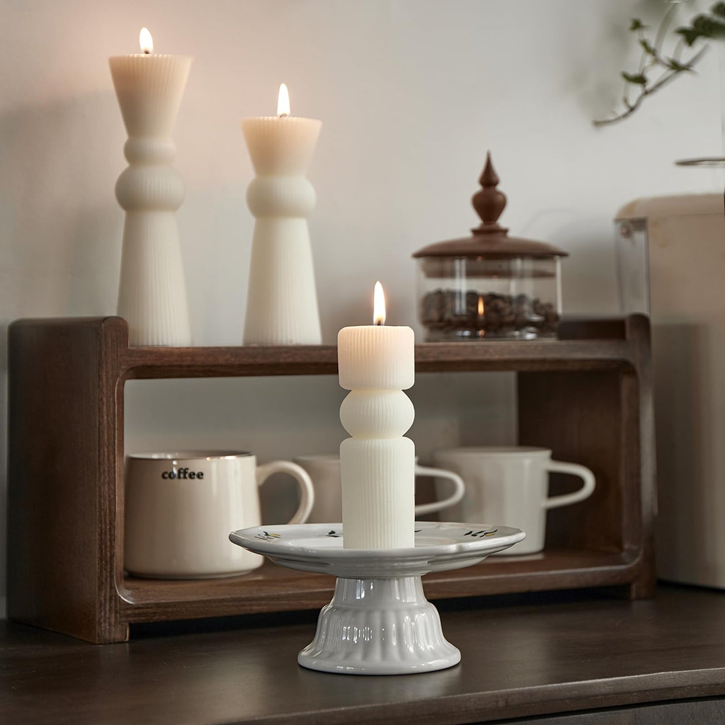 NATCENSE 3Pcs Pillar Candles Set - Handmade Ribbed Design for Modern Home Decor, Housewarming Gift, Room & Shelf Aesthetic Decoration, Long-Lasting Burning (White)