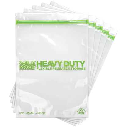 Smelly Proof REUSABLE STORAGE BAGS, Extra Large HEAVY DUTY 5-mils US-Made, BPA FREE, NO PEVA, Dishwasher-Safe Reusable Freezer Bags Triple Zip CLEAR FLAT XL 2-Gallon 12" x 16" - 5pk