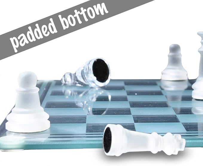 Gamie Premium Glass Chess Set 12 Inch - Elegant Design - Durable Build - 32 Frosted and Clear Pieces - Felted Bottoms - Easy to Carry - Stable &amp Fully Functional for Chess Lovers