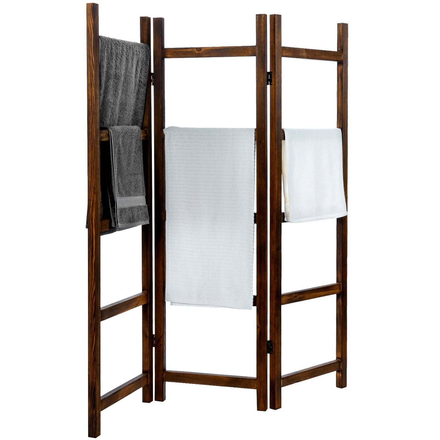Blanket Ladder,Burnt Wood Blanket Ladder 59" H Freestanding and Folding, 6 Tier and 3 Panel Towel Rack for Bathroom, Decorative Display Ladder Shelf Quit Rack for Living Room, Brown.