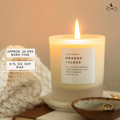 Slow North Orange + Clove Candle - Essential Oils and Pure Soy Wax Candle in a Reusable Frosted Glass Jar - A Unique and Mindful Scented Candle Hand-Poured in the USA (8 oz)
