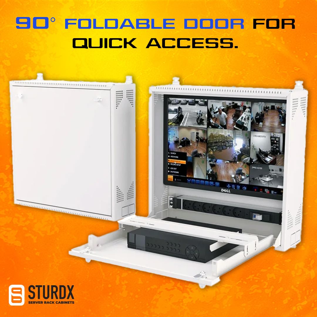 Wall-Mount DVR/NVR Security Enclosure, Lockable Steel Cabinet with 1U Adjustable Rail, Ventilated, 22″ W x 21.2″ H x 5.9″ D, White (RAL 7035) – STURDX