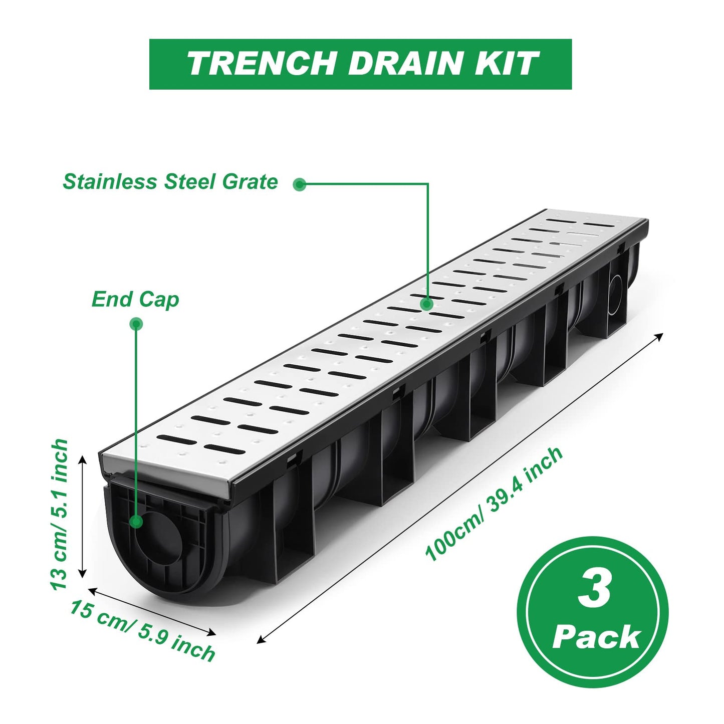 Amylove 3 Set Black Driveway Channel Drain with Stainless Steel Grate and Plastic End Caps 39.4 x 5.9 x 5.1 Inches, Outdoor Garage Floor Drainage Trench Systems for Lawn Landscaped Garden Pool
