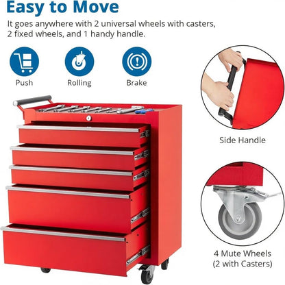 GarveeLife Red Rolling Tool Cabinet, 5-Drawer Tool Storage Cart with Wheels, Portable Tool Chest Organizer with Lock, Drawer Liners, Tool Cart for Garage or Workshop