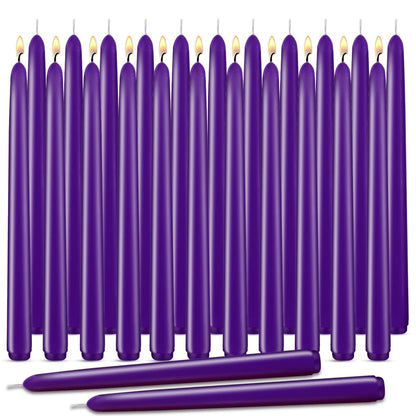 Purple Taper Candles, Set of 24 Unscented and Smokeless 10 Inch Taper Candles Long Burning, Paraffin Wax with Cotton Wicks for Burning Approxinately 7-8 Hours Time