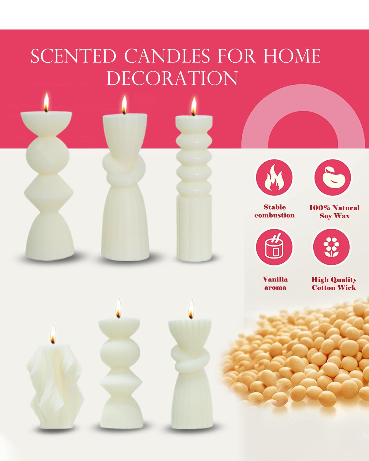6 Pack Pillar Candles Ribbed Decorative Candle velas decorativas Fireplace Candle for Housewarming Gift, Shelf & Table Decor-Aesthetic Modern Candles Set (White)