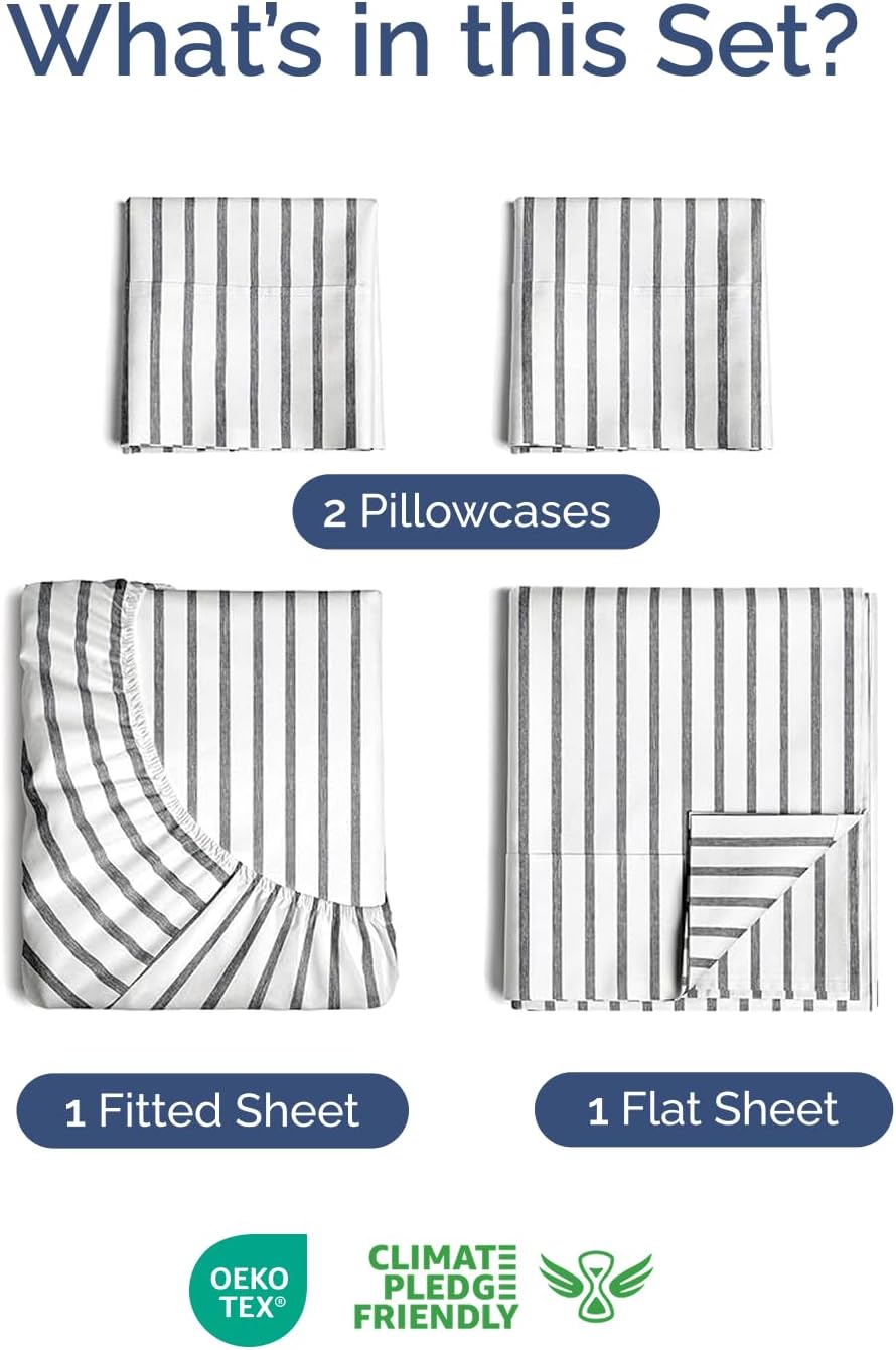 Skiennix Extra Deep Twin Sheet Set - 4-Piece Breathable Cooling Bedding - Soft, Wrinkle-Free Grey Stripes