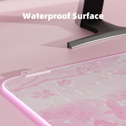 Pink RGB LED Gaming Mouse Pad, 14 Modes Glow Pad, Extra Large Gaming Mousepad,Waterproof Rubber Non Slip Cute Sakura Mat, Extended Big Keyboard and Mouse Pad Mat for Gamer Office Home, XXL 800×300×4mm