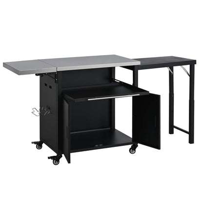 Merax Foldable Outdoor Kitchen Island & BBQ Prep Cart with Stainless Steel Top &Trash Rack & Lockable Wheels & Storage Cabinets – Portable Patio Dining Station for Grilling & Backyard & Camping, Black
