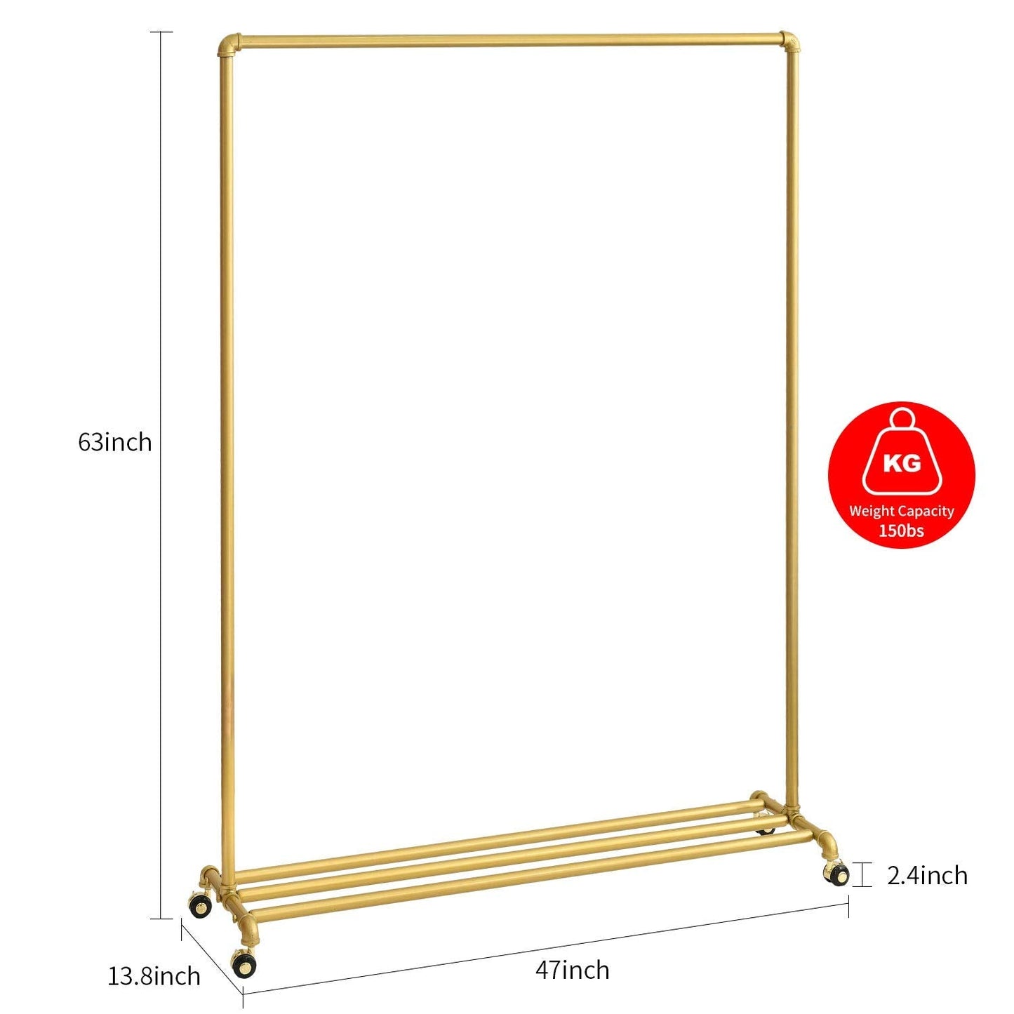 BOSURU Rolling Gold Clothing Racks on Wheels, Retail Display Industrial Pipe Clothing Racks for Hanging Garment Racks for Boutiques, Home