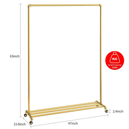BOSURU Rolling Gold Clothing Racks on Wheels, Retail Display Industrial Pipe Clothing Racks for Hanging Garment Racks for Boutiques, Home