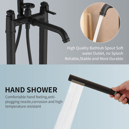 BWE Floor Mount Freestanding Bathtub Faucets Black Solid Brass Single Handle Modern Bathroom Tub Filler High Flow Rate with Handheld Shower Mixer Tap