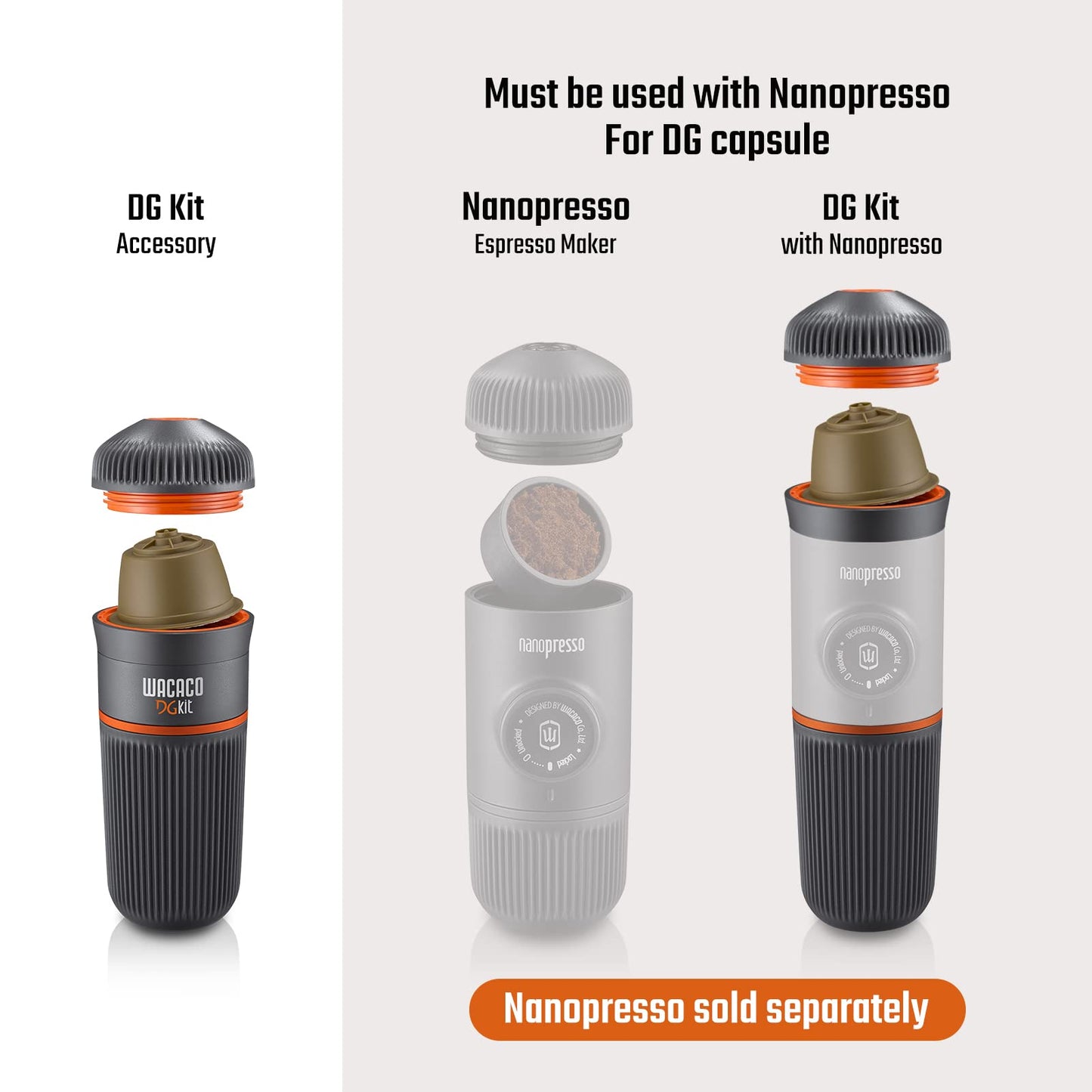 WACACO Nanopresso with Protective Case & DG Capsule Kit Bundle - Portable Espresso Maker for Ground Coffee and DG Capsules
