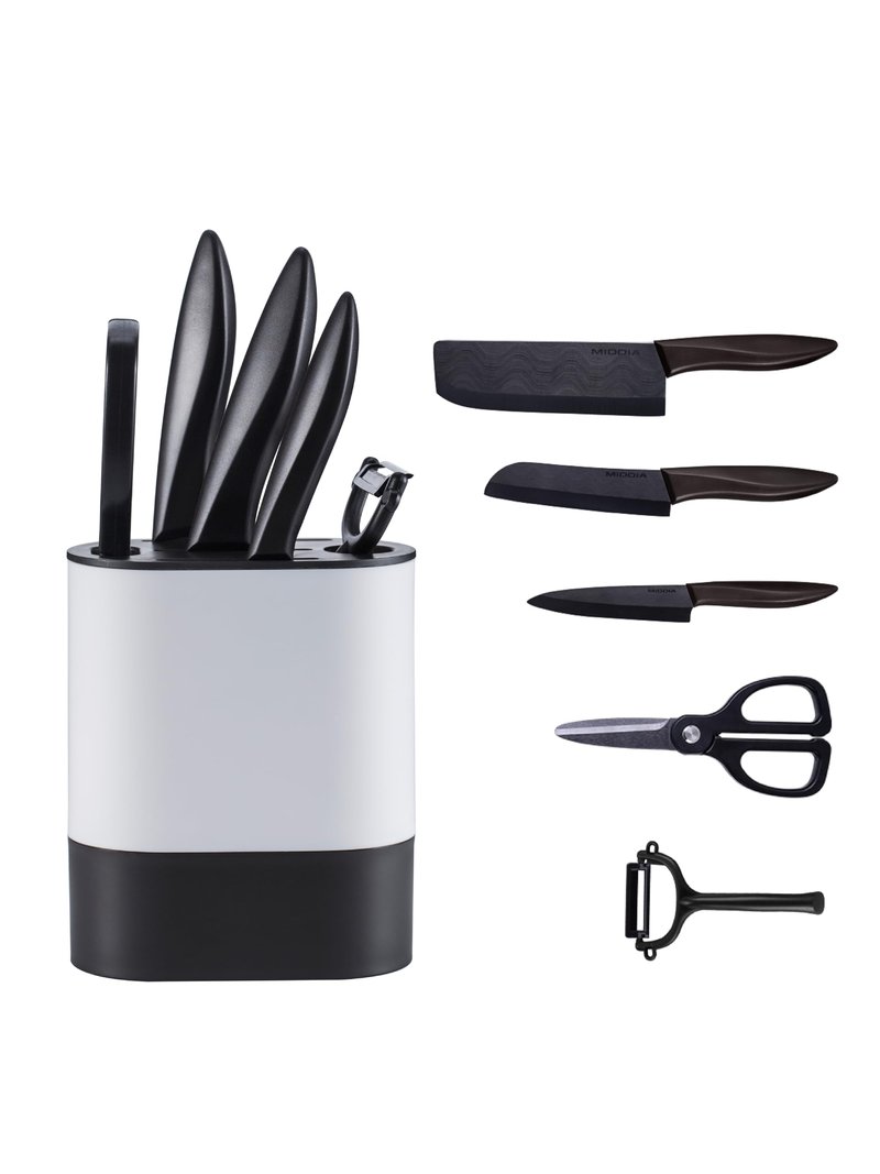 Kitchen Knife Set (6 Pieces), Ceramic Essential Knife Set with Block, Rust-Resistant Blade with Ergonomic Handle, Housewarming Gift, Black/White