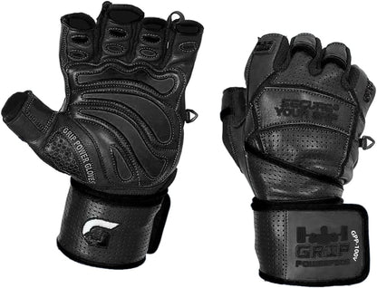 Elite Leather Gym Gloves with Built in 2" Wide Wrist Wraps Grip & Design for Weightlifting Power Lifting Bodybuilding & Strength Training Workout Exercises