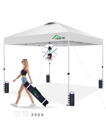 Acepic 10x10 Pop Up Canopy Tent, One Push Instant Outdoor Gazebo with Vented Top, Upgraded 300D Silver Coated Sun Shade for Parties Camping Vendor, Includes Wheeled Bag and 4 Sandbags, White