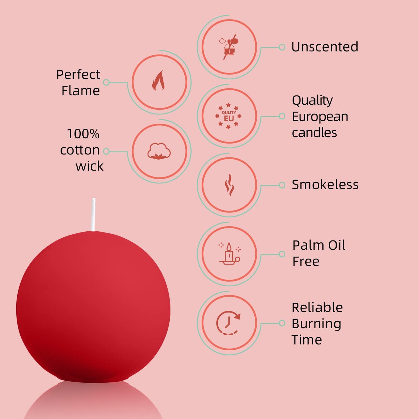 Ball Pillar Candles Set of 3 Red 3Inch Unscented Handpoured Weddings, Home Decoration, (75 Hour)