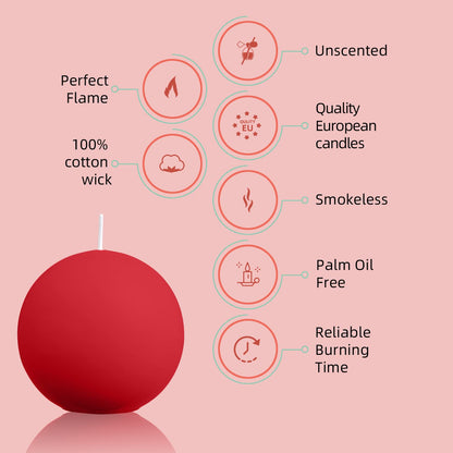 Ball Pillar Candles Set of 3 Red 3Inch Unscented Handpoured Weddings, Home Decoration, (75 Hour)