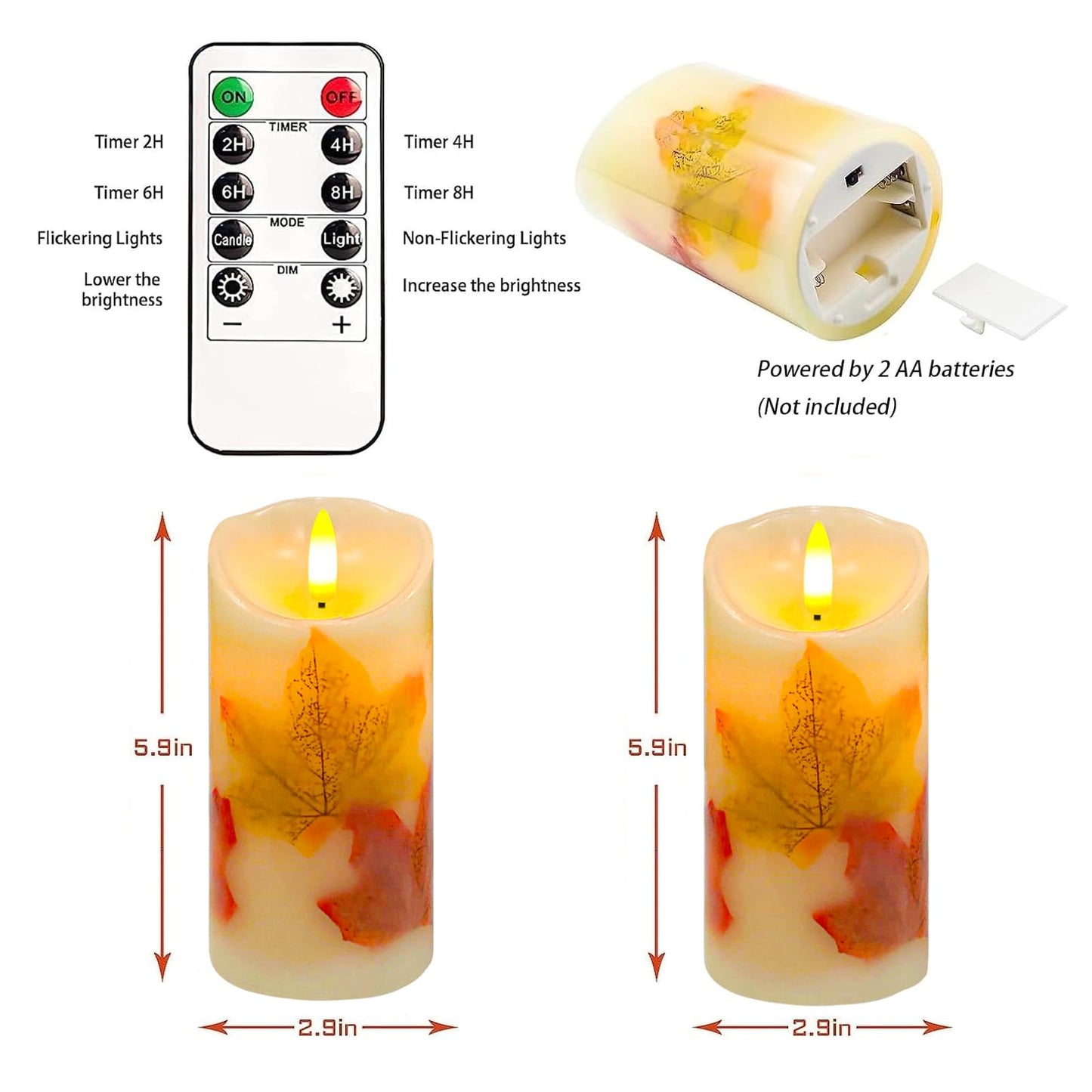 Flameless Candles Light, Set of 2 6"x3" Maple Leaf Flickering LED Candles with Remote & Timer, Dimmable Electric Pillar Candles Battery Operated, Fall Candles for Thanksgiving Harvest Autumn Decor