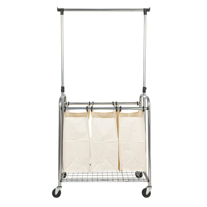 Household Essentials 3-Bag Laundry Sorter with Clothes Rack, Silver, Lightweight, Removable, Sturdy