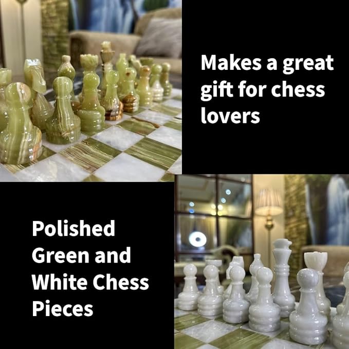 Large Handmade Full Chess Set Marble Chess Board 32 Chess Game Pieces Unique Home décor. Handcrafted Tournament Chess Board - 2 Players. (White Green)