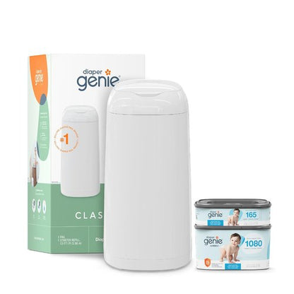 Diaper Genie Classic Diaper Pail Gift Set - Push-N-Lock Odor Control | Includes Starter & Jumbo+ Refill | Holds 1,245 Newborn Diapers