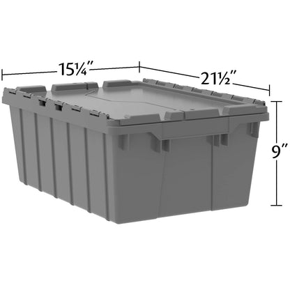 Akro-Mils 39085 Industrial Plastic Storage Tote with Hinged Attached Lid, (21-Inch L by 15-Inch W by 9-Inch H), Gray, (6-Pack)