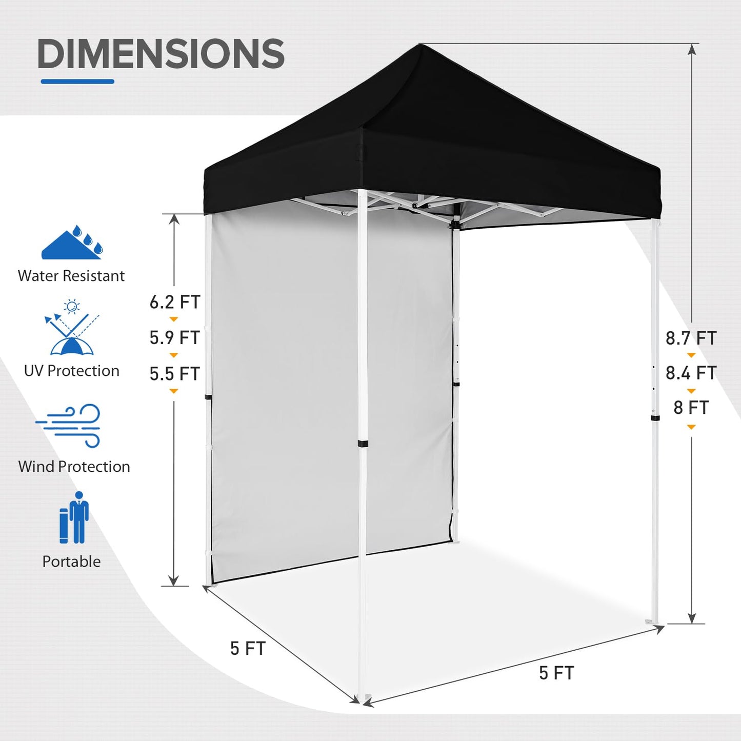 EAGLE PEAK Pop up Canopy 5x5, Outdoor Portable Canopy Tent with One Removable Sunwall, Carry Bag Included, Black