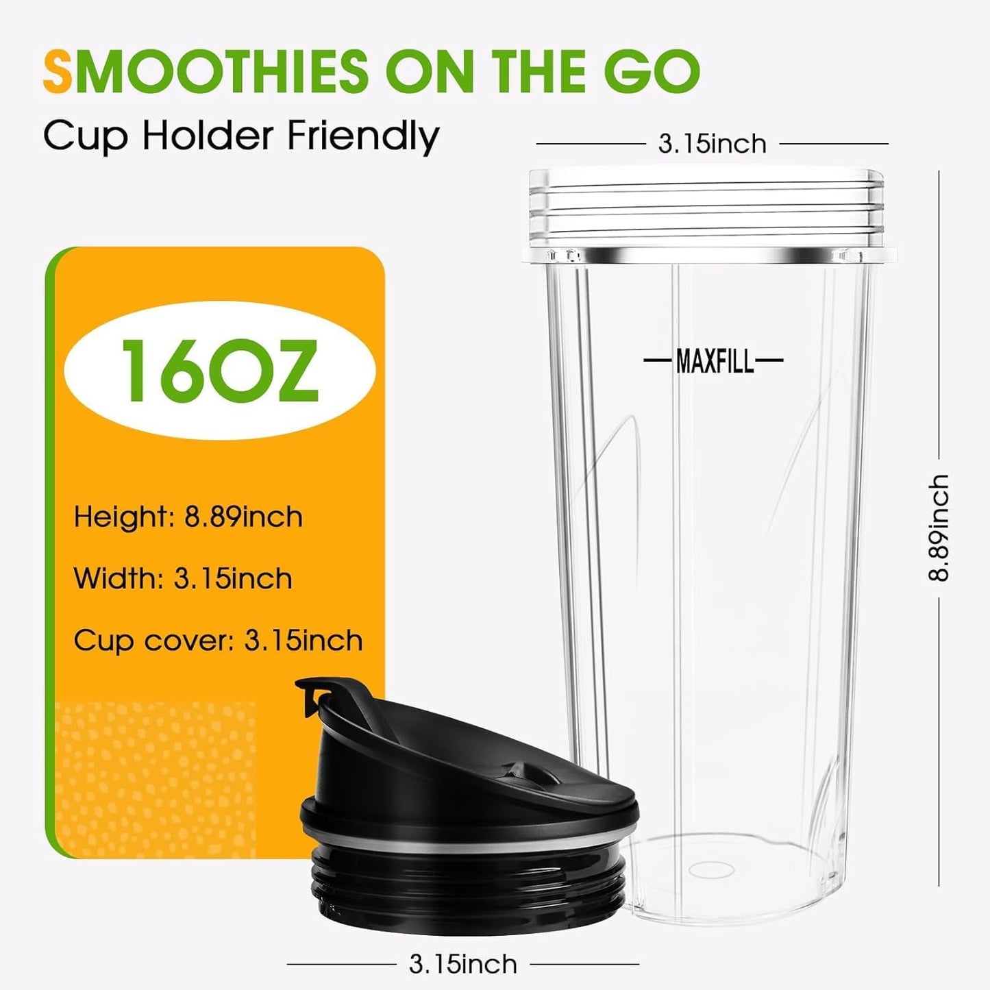 Ninja Blender Cups - 16oz Replacement Cups with Lids | 3-Pack Compatible with QB3001SS, BL770, BL780, BL660, BL740, BL810, Nutri Ninja Series