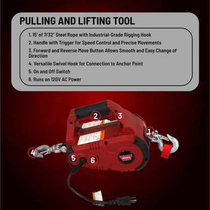 WARN 885000 PullzAll Corded 120V AC Portable Electric Winch with Steel Cable: 1/2 Ton (1,000 lb) Pulling Capacity, Variable Speed Trigger, Red