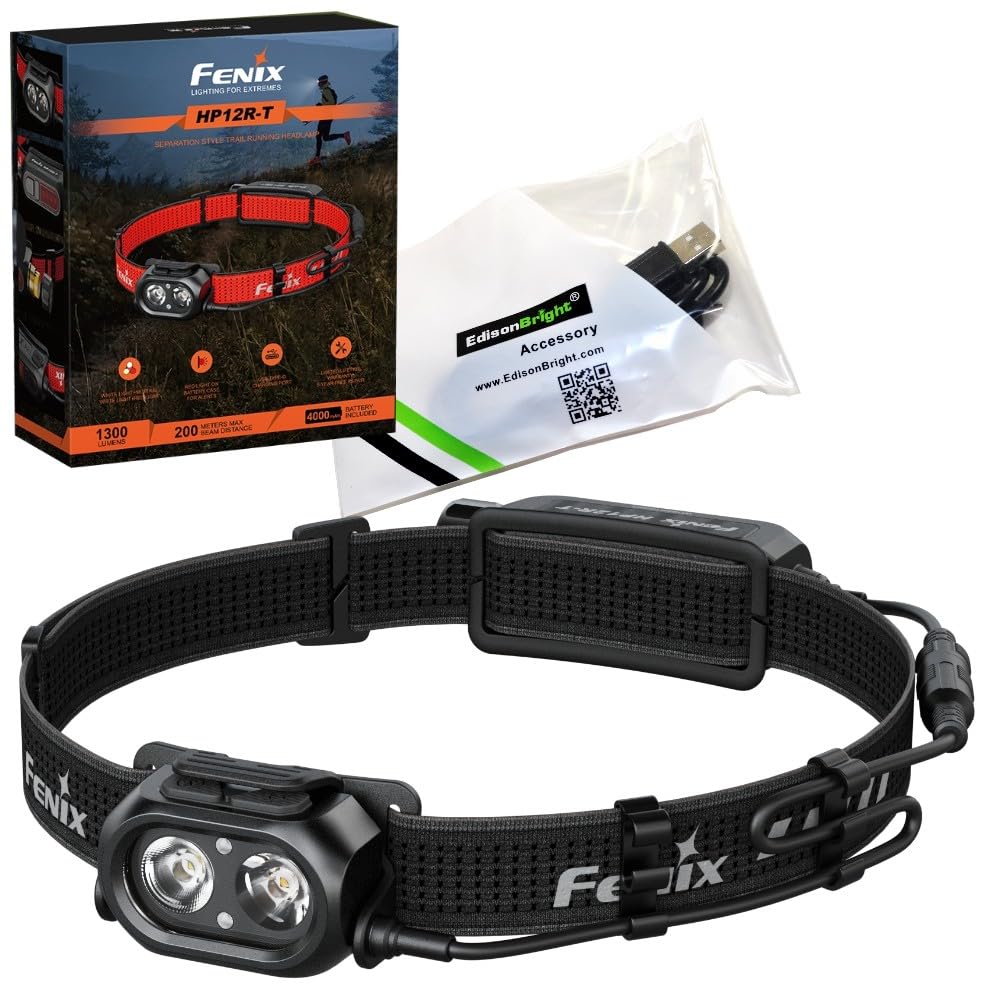 Fenix HP12R-T USB-C Rechargeable 1300 Lumen White/red LED Trail Running headlamp with EdisonBright USB Charging Cable (Black)