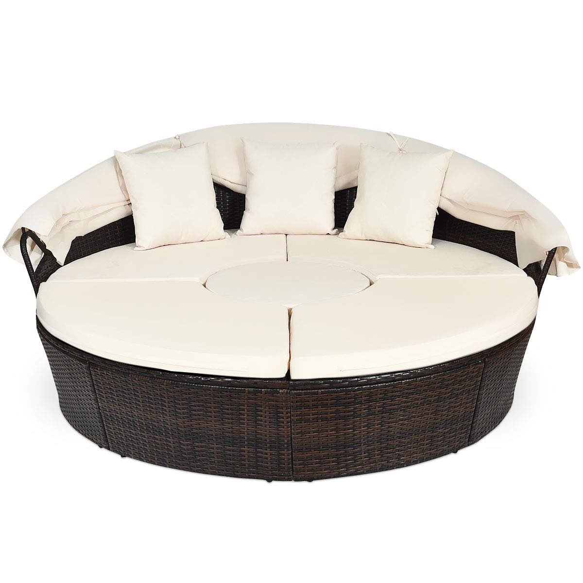 COSTWAY Patio Round Daybed with Retractable Canopy, Wicker Furniture Sectional Couch with Separate Cushioned Seats, Adjustable Table Top, Patio Rattan Daybed Sofa for Backyard, Poolside, White