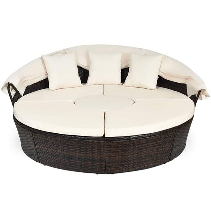 COSTWAY Patio Round Daybed with Retractable Canopy, Wicker Furniture Sectional Couch with Separate Cushioned Seats, Adjustable Table Top, Patio Rattan Daybed Sofa for Backyard, Poolside, White