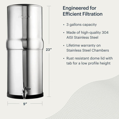 Boroux Legacy Gravity-Fed Countertop Stainless Steel Water Filter System | 3 Gallons with 2 Authentic Black Foundation. Filters