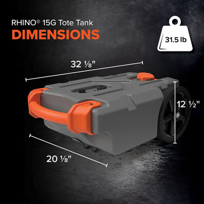 Camco Rhino 15-Gallon Portable RV Tote Tank - Features Large Heavy-Duty No-Flat Wheels & Low Drain Hole - Includes Removable Steel Tow Adapter, 3’ Sewer Hose & More RV Accessories (39000)