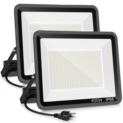 YANYCN 2 Pack 400W LED Flood Light Outdoor,2400W Equivalent 50500LM 5000K Daylight White Super Bright FloodLight with Plug,85-277V IP66 Waterproof Commercial Lighting for Fields,Counts,Arena,Stadium