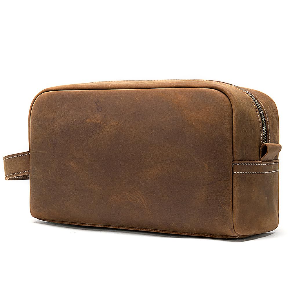 Glorixen Cowhide Travel Toiletry Bag for Men - Water-Resistant Shaving Dopp Kit & Cosmetic Organizer, Unisex Grooming Bag (brown)