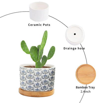 BRUYU5SE Mughal Flower Ceramic Planters Blue Floral Snake Plant Live Indoor with Pot with Drainage Holes and Saucers Pot for Indoor Outdoor Garden