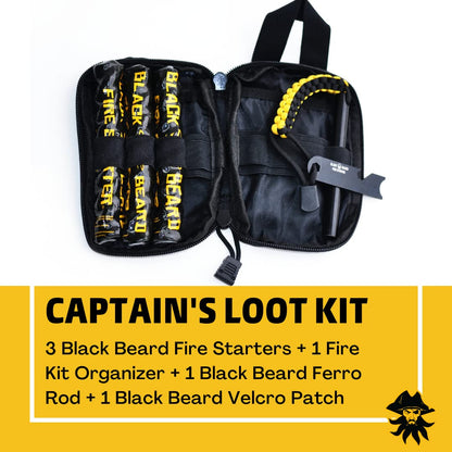 Black Beard Captain's Loot Fire Starter Kit with Ferro Rod & Fire Starter Rope | Fast Lighting Fire Starter Kit for Campfires (Waterproof & Windproof) | Infinite Shelf Life for Emergency Survival Kits