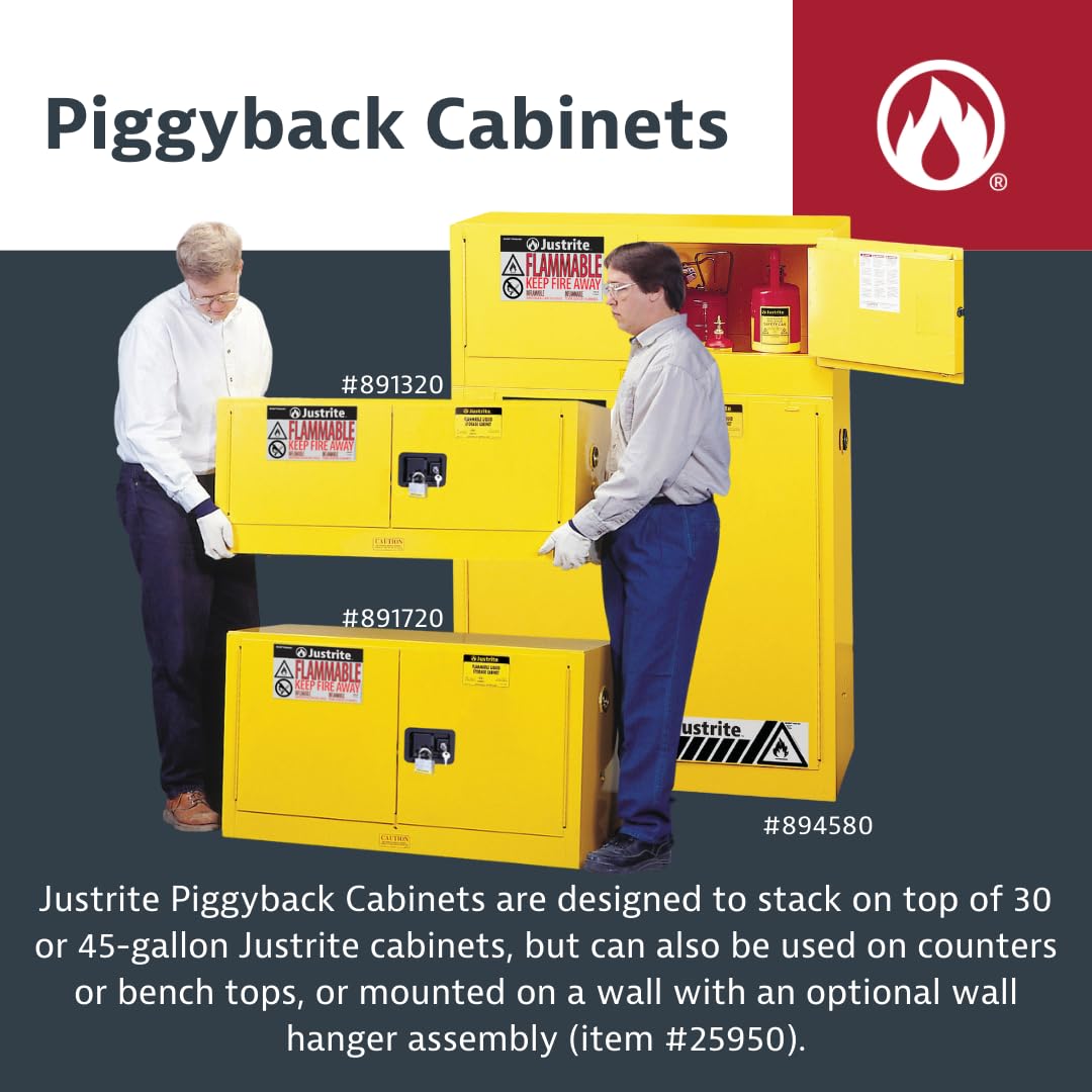 Justrite 12 Gallon Manual Close Piggyback Flammable Storage Cabinet, 18 Gauge Steel, 2 Door Fire Cabinet, 18" x 43" x 18", Made in The USA, Yellow, 891300