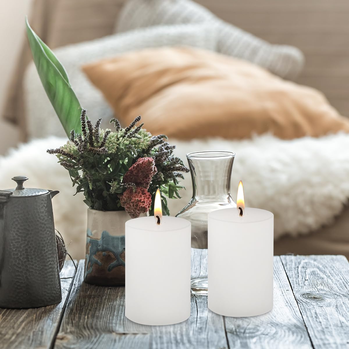 2.75“ x 4” Hand Poured Unscented Candles, Dripless Pillar Candles Set of 6, Long Burning, Burn Time Approx. 40 Hours, Rustic, Weddings, Dinner Parties, Christmas, and Home Décor （Ivory）