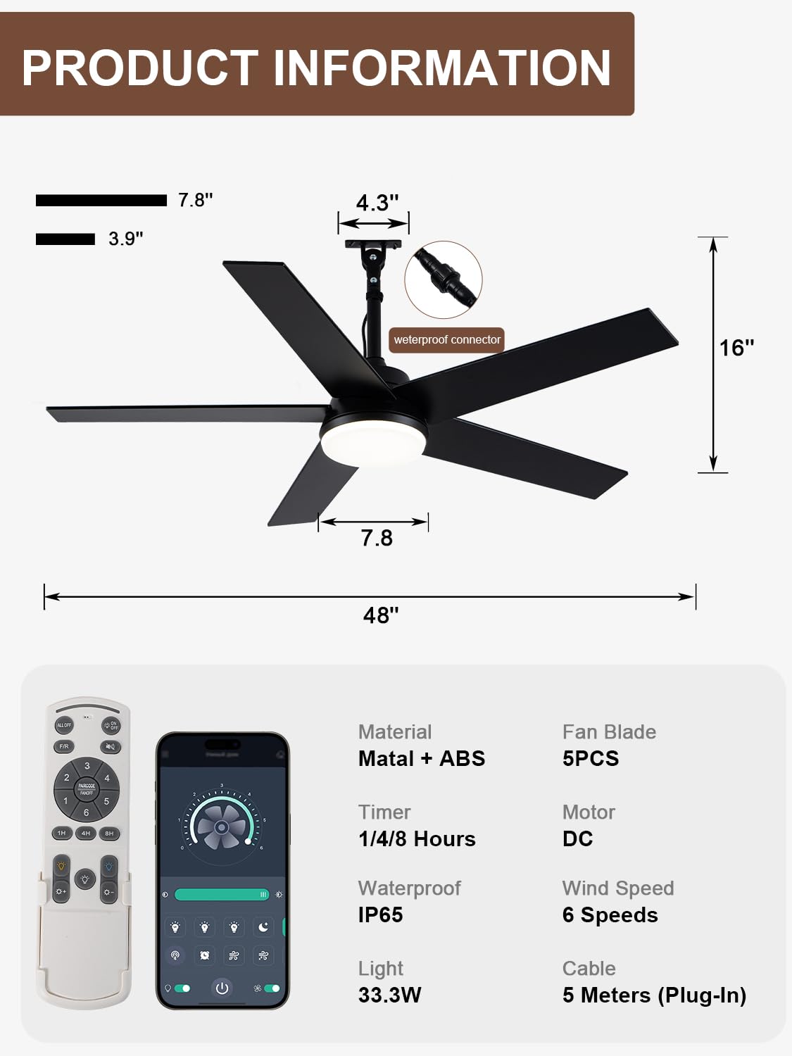 Bella Depot 48" Outdoor Ceiling Fan Black Waterproof Gazebo Fan with Light Smart App Remote Control Hanging Fan for Outside Patios Pergola Tent Plug-in Design Adjustable Brightness (48"- Black)