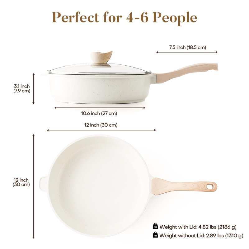 Kordisen Nonstick Ceramic Deep Frying Pan, 12 Inch Non Toxic Large Skillet with Lid, 5 Qt Healthy Jumbo Cooker, Saute Pan for Cooking, Induction Cookware, PFOA & PFAS Free (Cream)