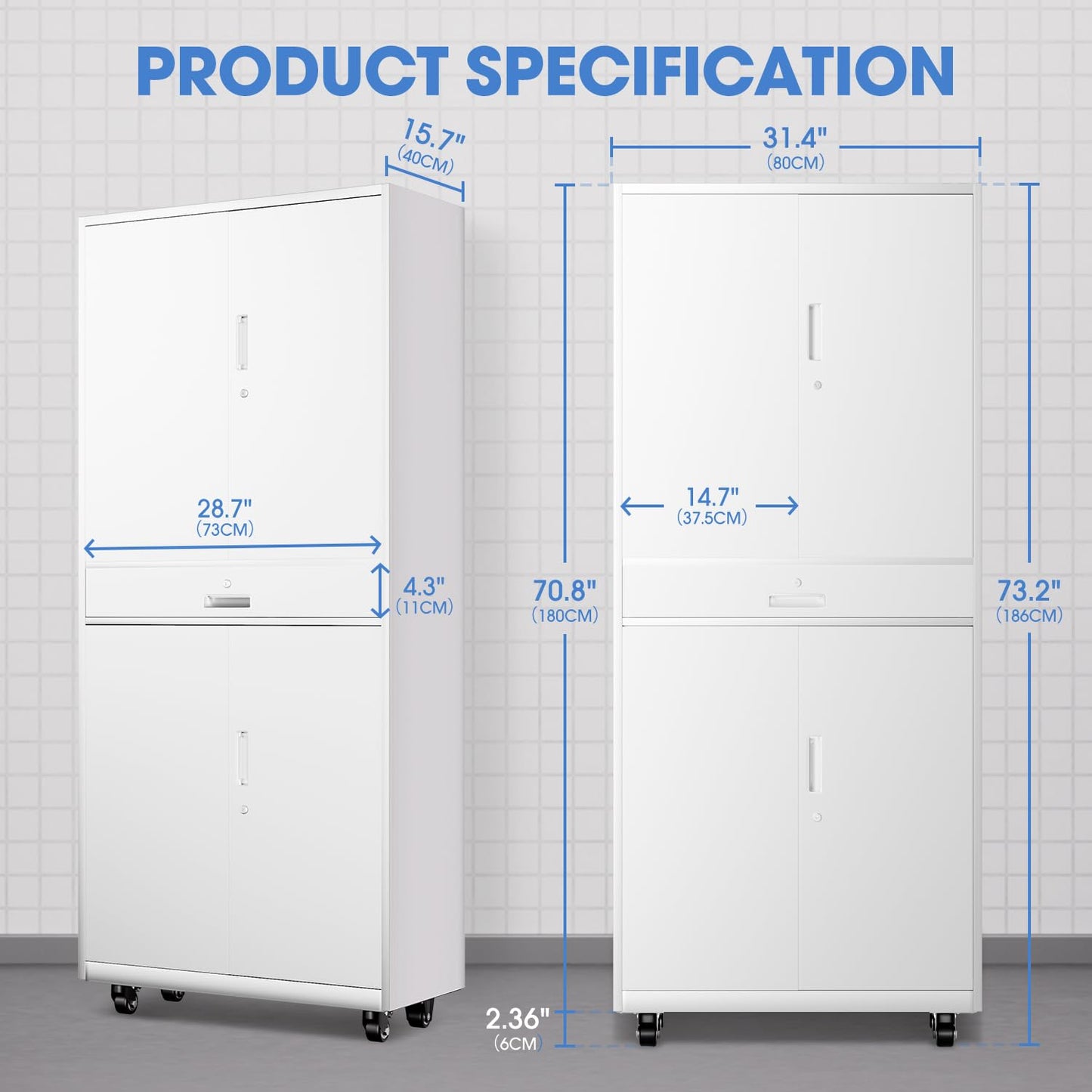 DNA Motoring 73'' Metal Storage Cabinet, Rolling Garage Cabinet with 1 Drawer and Adjustable Shelves, Lockable Heavy Duty Metal Locker for Garage,Office,Home,White, TOOLS-00630-WH-WH-A