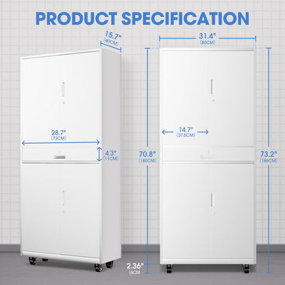 DNA Motoring 73'' Metal Storage Cabinet, Rolling Garage Cabinet with 1 Drawer and Adjustable Shelves, Lockable Heavy Duty Metal Locker for Garage,Office,Home,White, TOOLS-00630-WH-WH-A