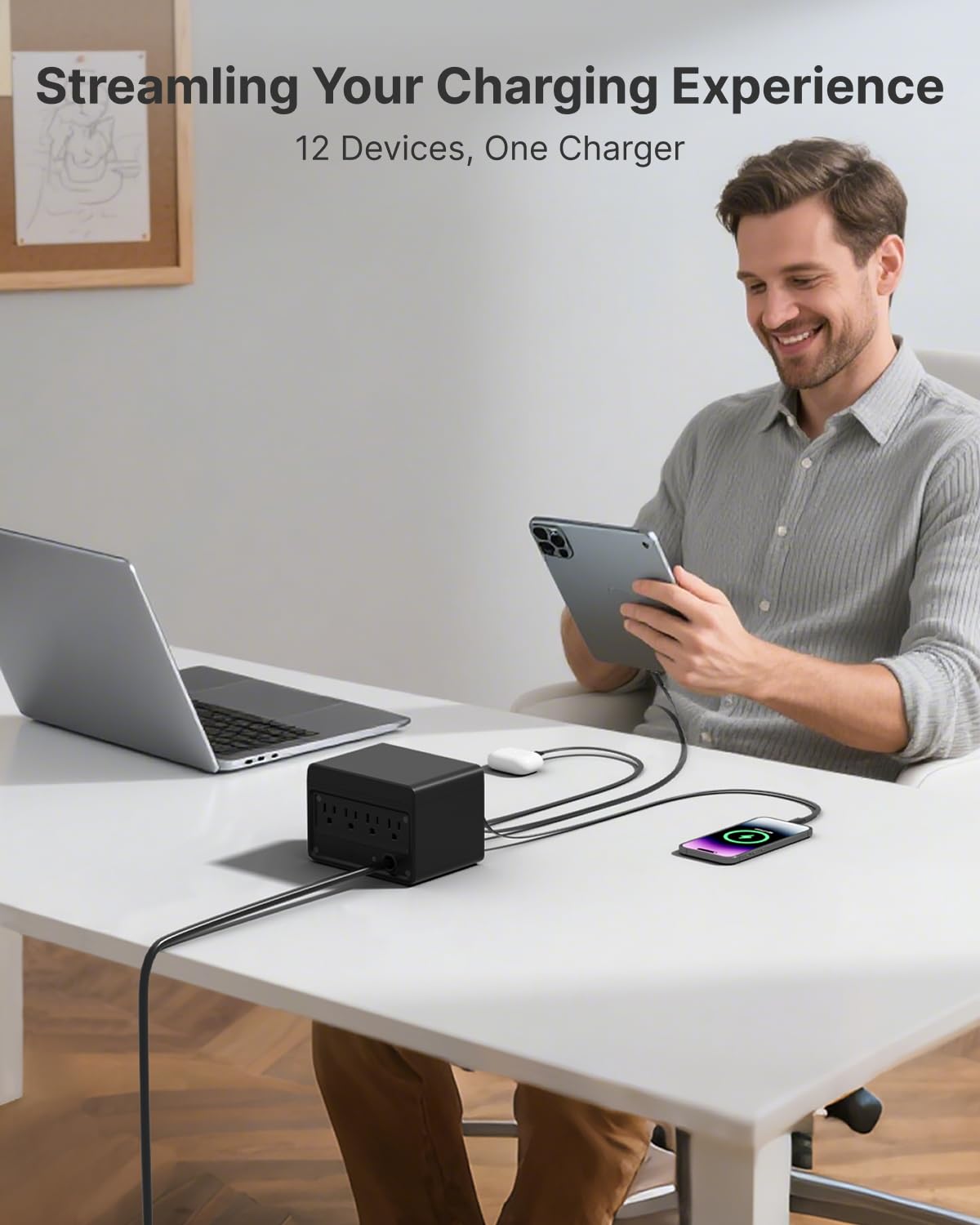 Gitryin 1 Micro USB, 3 Type-C Retractable Wall Chargers and 1 Power Strip, 12-in-1 Modular Charging Station