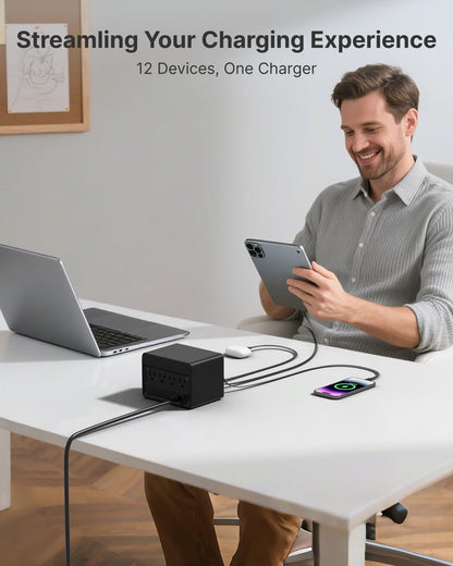 Gitryin 1 Micro USB, 3 Type-C Retractable Wall Chargers and 1 Power Strip, 12-in-1 Modular Charging Station