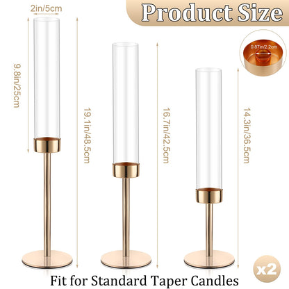 Gold Hurricane Candle Holders, Set of 6 Glass Taper Candlestick Holders Metal Candle Stands Bulk with Glass Cover for Dining Tables Wedding Candelabra Centerpieces Decor