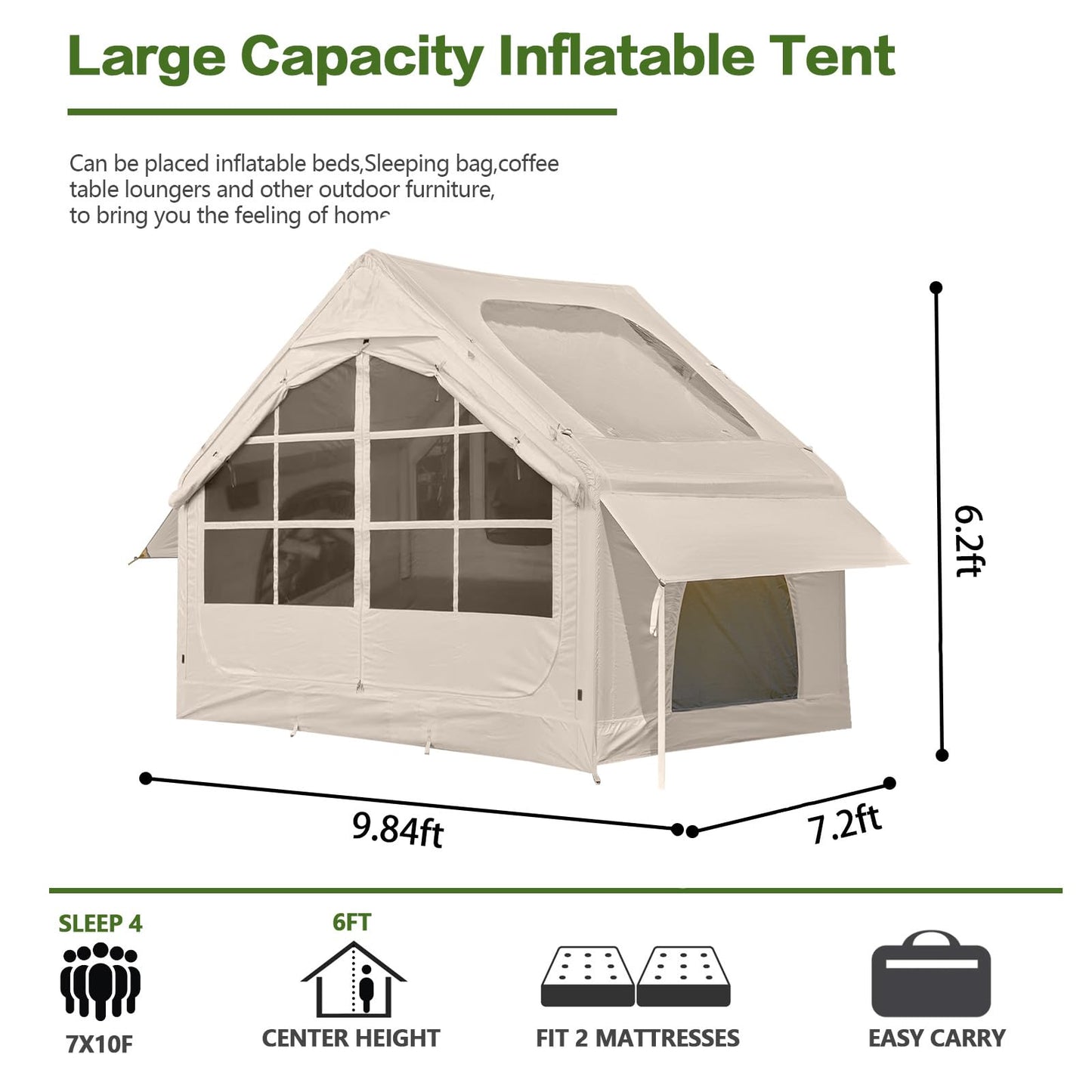 InflatableTent for Camping,4-6 Person Glamping Tent Blow Up Air Tents House Easy Setup for 4 Seasons Waterproof Oxford Family Tent with Large Tarp & Two Skylight.